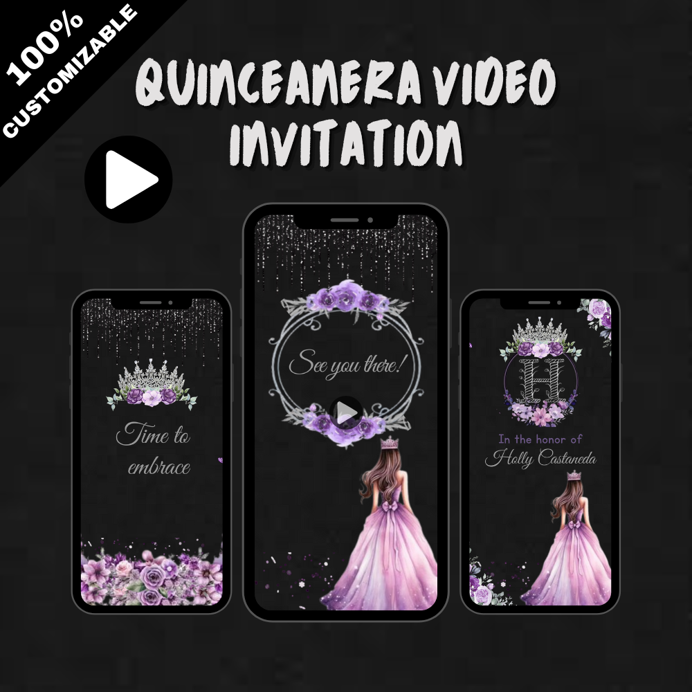 Royal Quinceañera with Black, Purple &amp; Silver Theme Video Invitation - Elegant Theme Digital Invite