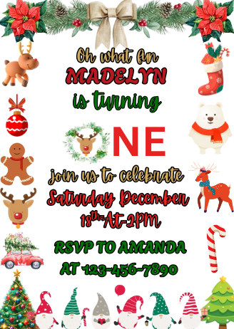 Digital Christmas First Birthday Party Card Invitation - Personalized Christmas Theme Invites