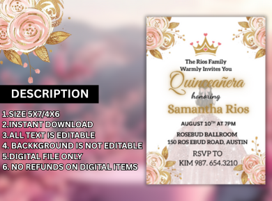 Pink &amp; Gold Floral Princess Quinceanera Card Invitation - Elegant Royal Digital Card invite