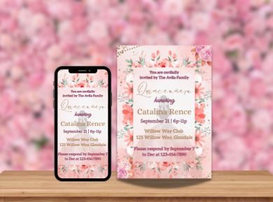 Gold Frame &amp; Pink Wash Theme Quinceanera Card Invitation - Personalized Digital Invite
