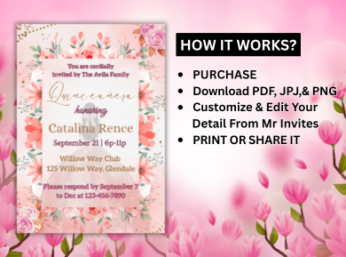 Gold Frame &amp; Pink Wash Theme Quinceanera Card Invitation - Personalized Digital Invite