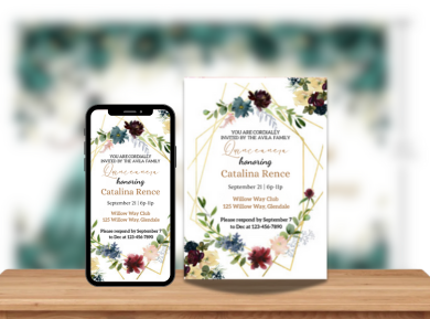 Elegant Floral Quinceañera Card Invitation – Burgundy, Navy &amp; Gold Theme Digital Invite