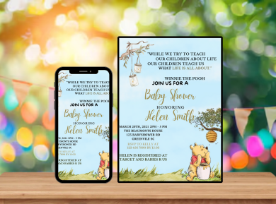 Winnie the Pooh Baby Shower Party Digital Invitation - Cute &amp; Customizable Theme Invite