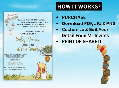 Winnie the Pooh Baby Shower Party Digital Invitation - Cute &amp; Customizable Theme Invite