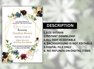 Elegant Floral Quinceañera Card Invitation – Burgundy, Navy &amp; Gold Theme Digital Invite
