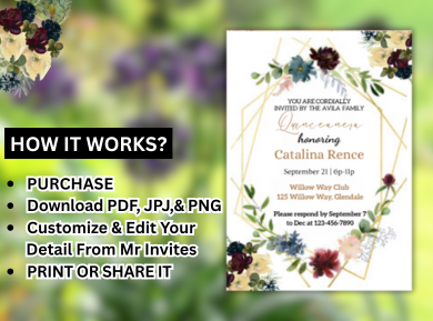 Elegant Floral Quinceañera Card Invitation – Burgundy, Navy &amp; Gold Theme Digital Invite