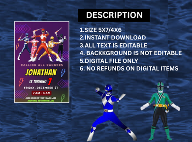 Power Rangers Birthday Card Invitation - Power Rangers Birthday Mission Digital Invites