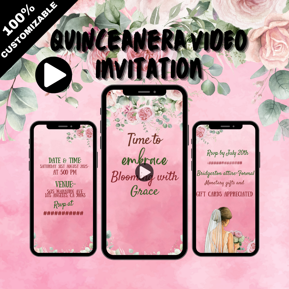 Quinceañera Party Blush Pink Floral Video Invitation – Elegant Theme Digital Invite