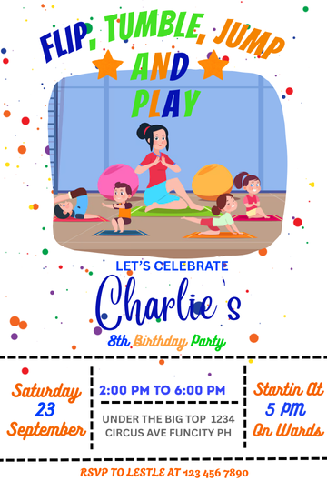 Gymnastics Theme Digital Birthday Card Invitation - Personalized Kids Digital Card Invites