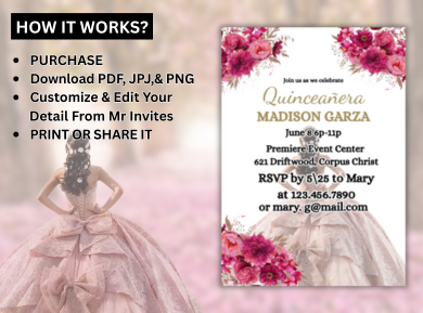 Vintage Pink &amp; Gold Roses Quinceanera Party Card Invitation - Elegant Floral Party Digital invite