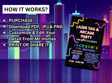 Laser Tag Arcade Card Birthday Party Invitation - customizable theme card invite