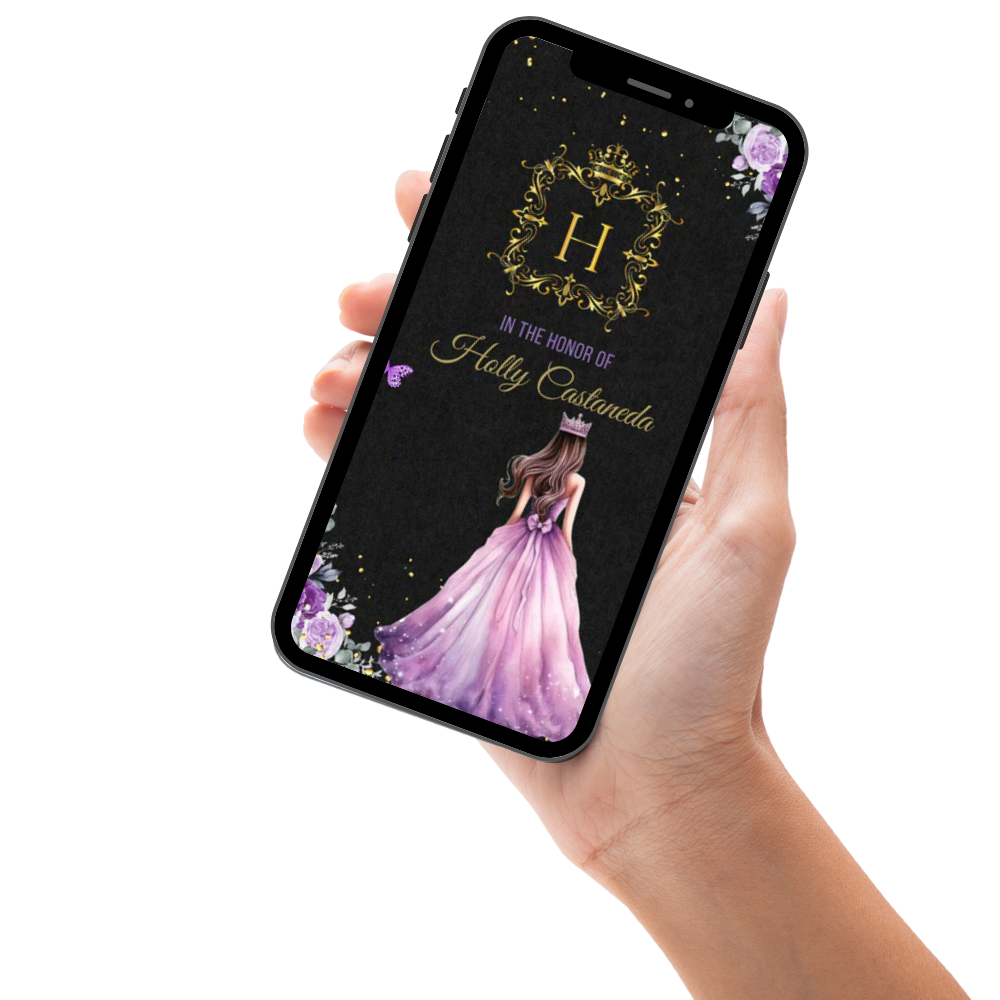 Lavender Princess Quinceañera Video Invitation – Black, Purple &amp; Gold Theme Digital Invite