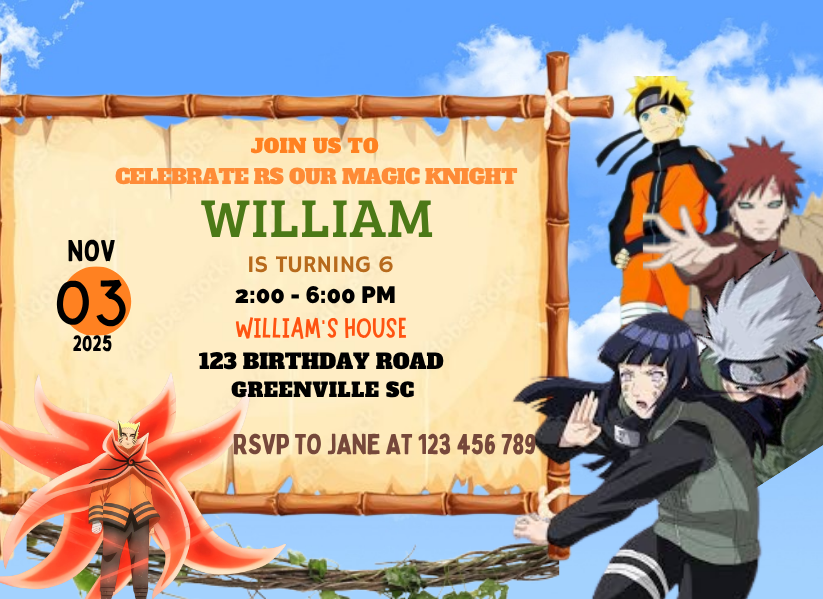 Naruto Themed Birthday Card Invitation - Personalized Ninja Party Card Invite For Kids
