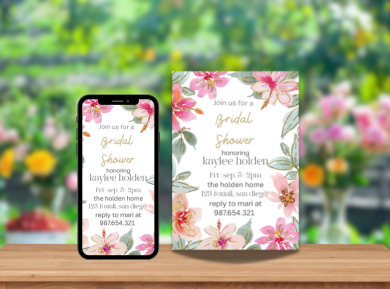 Tropical Glitter Flowers Card Invitation – Sparkling Floral Theme Digital Party Invite