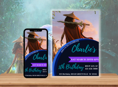 Raya and the Last Dragon Digital Birthday Invitation - Personalized Theme Card Invites