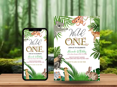 Safari Wild One Theme Digital Birthday Card Invitation - Fun and Adventure Theme Invites