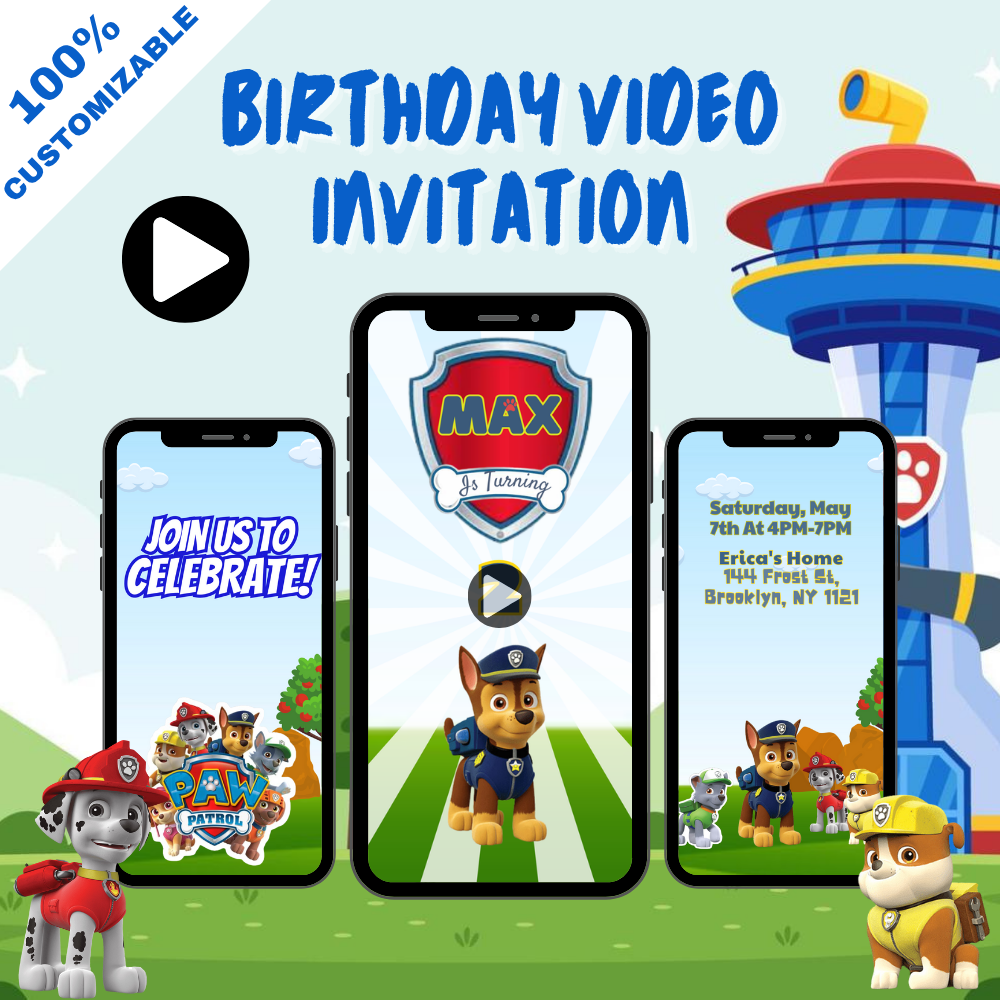 Paws Paw Patrol Birthday Party Video Invitation - Animated Paws Paw Theme Digital Invites