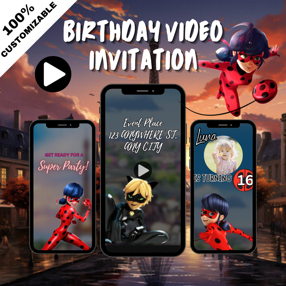 Miraculous Ladybug &amp; Cat Noir Birthday Video Invitation – Animated Digital Party Invite for Kids