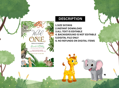 Safari Wild One Theme Digital Birthday Card Invitation - Fun and Adventure Theme Invites