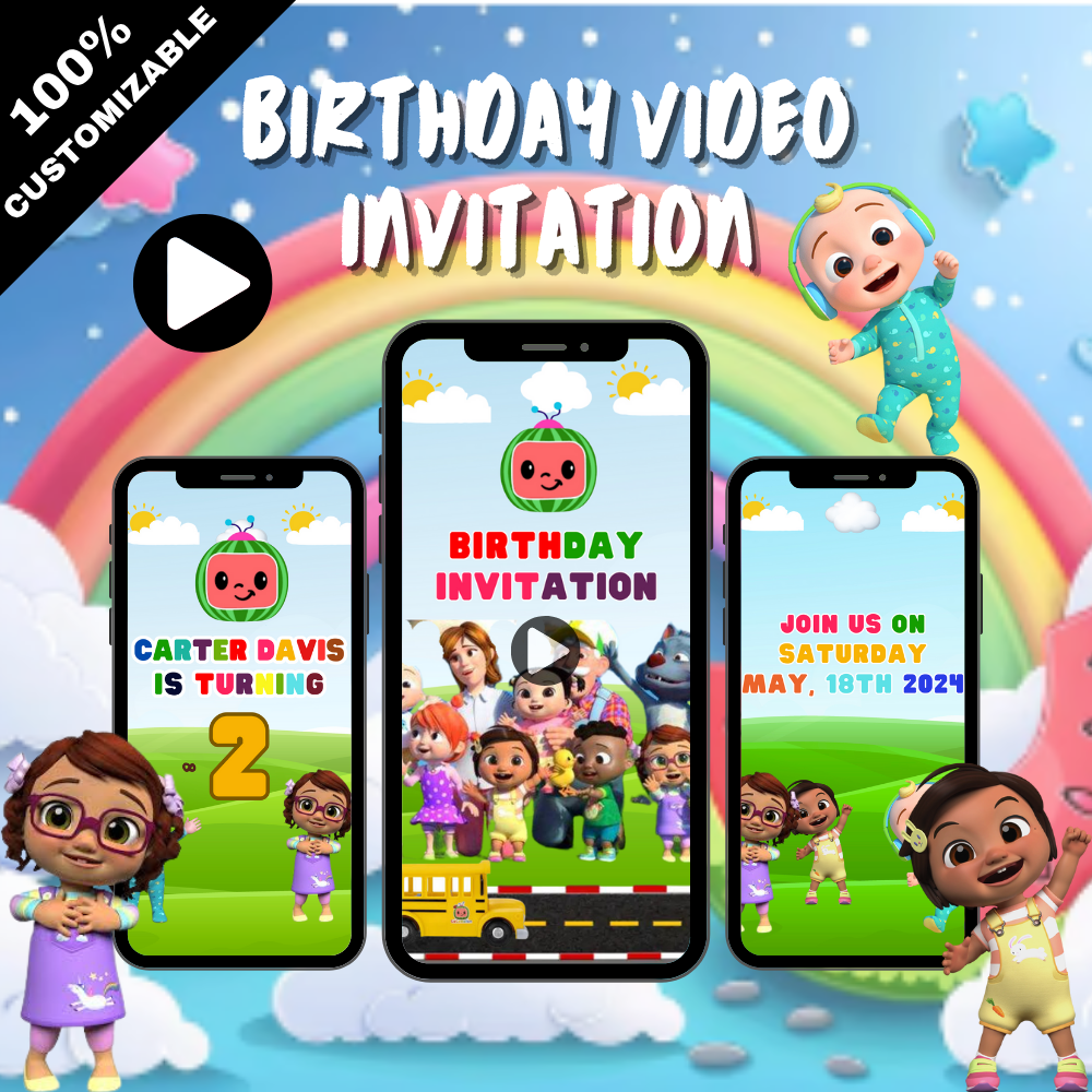 Wheels on the Bus Cocomelon Birthday Video Invitation – Animated Birthday Party Digital Invite
