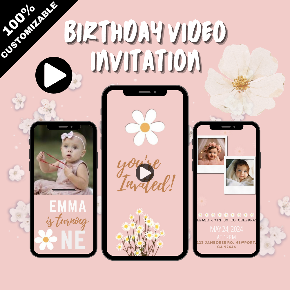 Charming Daisy Themed Birthday Video Invitation for Girls - Sweet &amp; Custom Girl’s Party Digital Invite