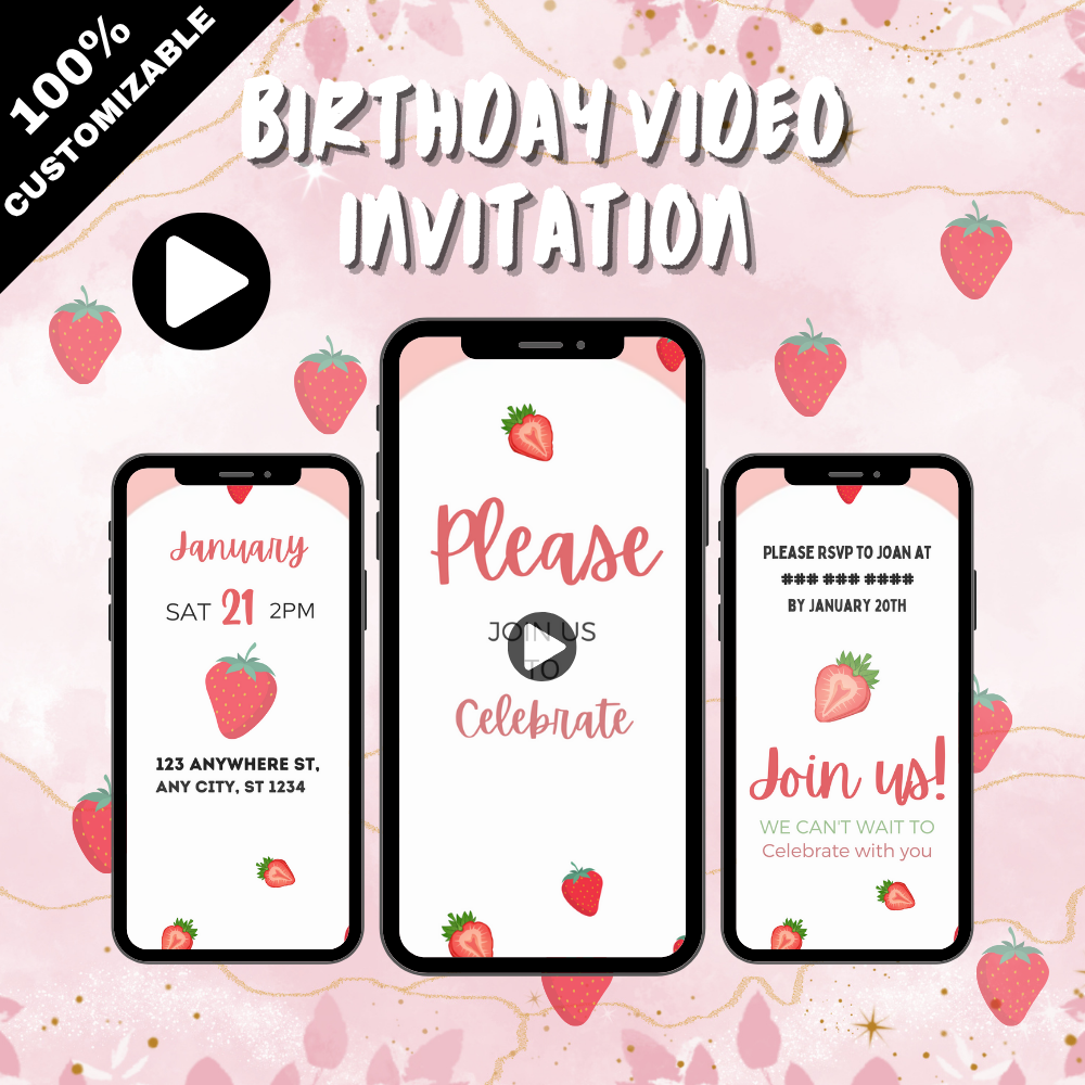 Strawberry Theme Birthday Video Invitation – Sweet &amp; Fun Animated Party Digital Invite for Kids