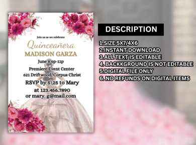 Vintage Pink &amp; Gold Roses Quinceanera Party Card Invitation - Elegant Floral Party Digital invite