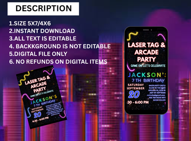 Laser Tag Arcade Card Birthday Party Invitation - customizable theme card invite