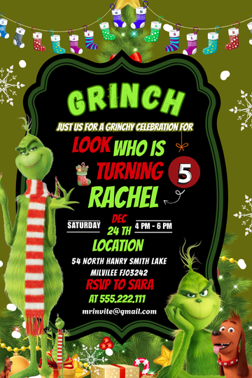 Grinchmas Themed Digital Birthday Card Invitation - Personalized Card theme Digital Invites