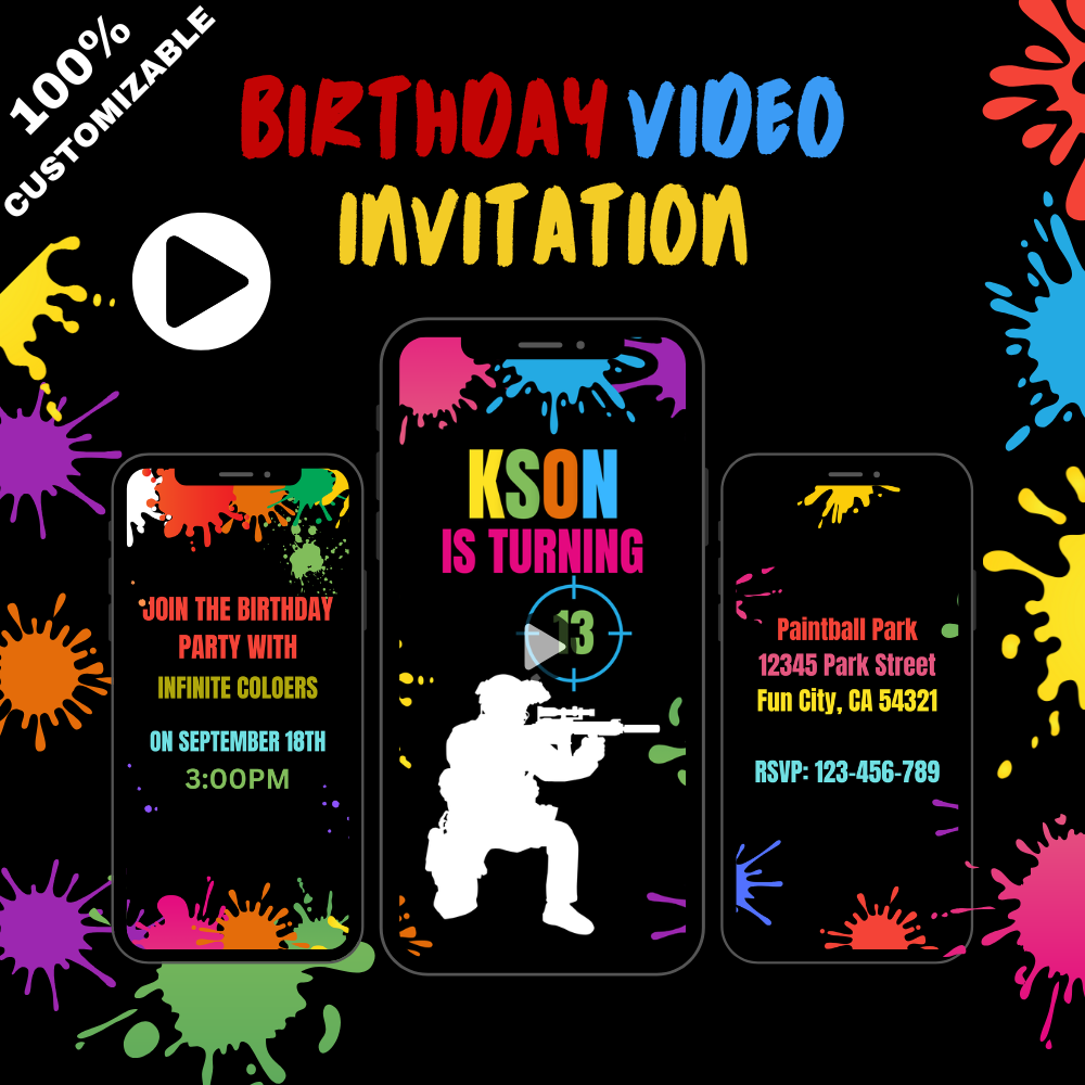 Paintball Theme Kids Party Video Invitation – Personalized Action Filled Birthday Video Invite
