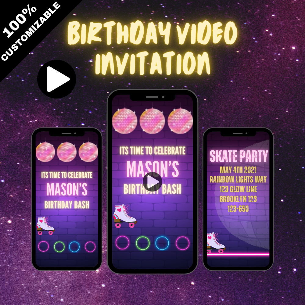 Glow in the Dark Skating Birthday Video Invitation - Digital Party Invite for Kids