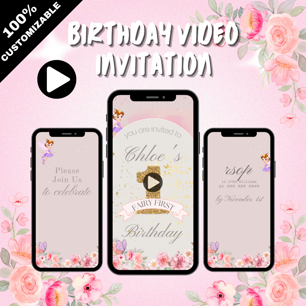 Enchanted Fairy Pink Theme Birthday Digital Invitation – Custom Video Invite for a Magical Day!