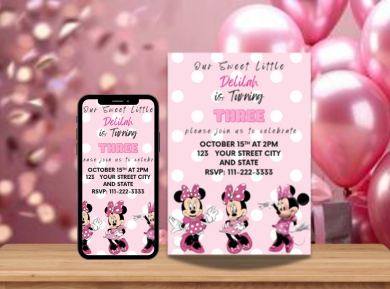 Pink Minnie &amp; Mickey Digital Birthday Invitation - Cute &amp; Customizable Party Invite