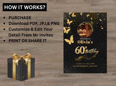 60th Birthday Party Card Invitation - Custom Birthday Party Digital Invite
