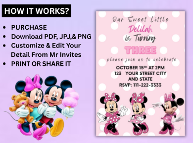 Pink Minnie &amp; Mickey Digital Birthday Invitation - Cute &amp; Customizable Party Invite
