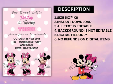 Pink Minnie &amp; Mickey Digital Birthday Invitation - Cute &amp; Customizable Party Invite