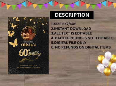 60th Birthday Party Card Invitation - Custom Birthday Party Digital Invite