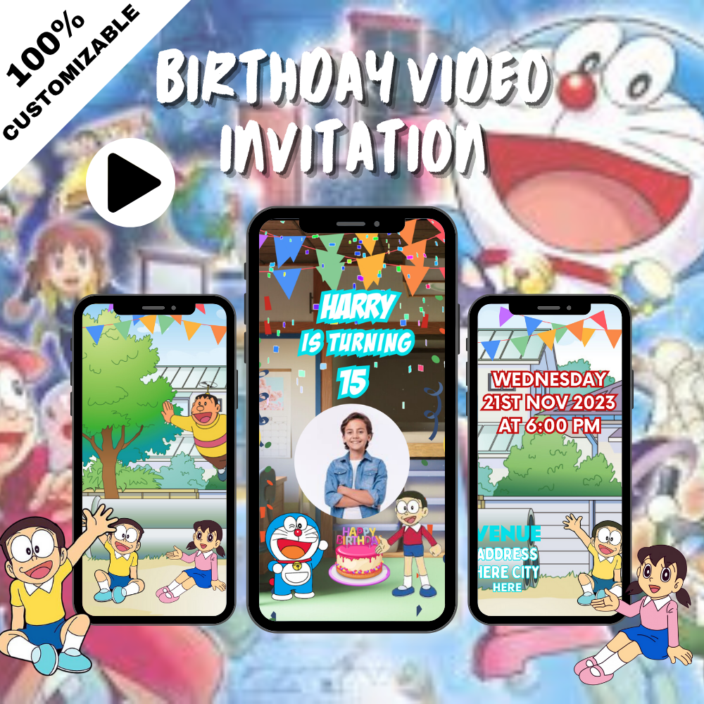 Doraemon Birthday Video Invitation - Personalized Doremon Themed Party Invite