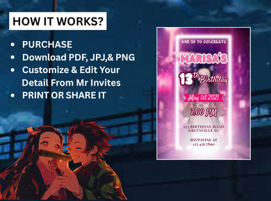 Nezuko-inspired Theme Kids Birthday Card Invitations - Custom Themed Party Digital Invite