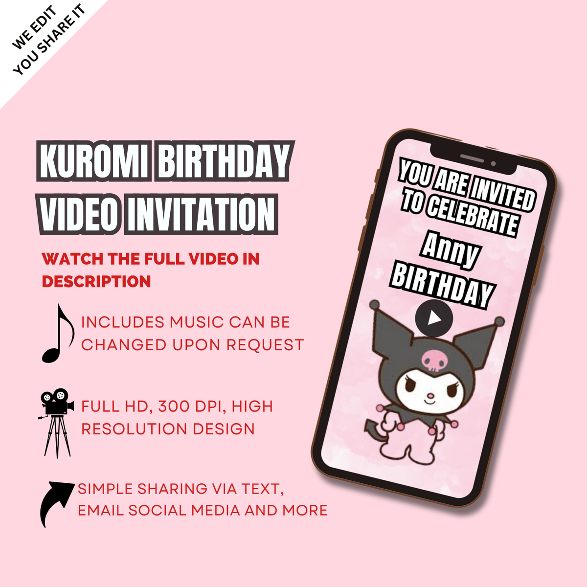 Trendy &amp; Cute Kuromi Video Birthday Invitation – Animated Fun for a Day to Remember