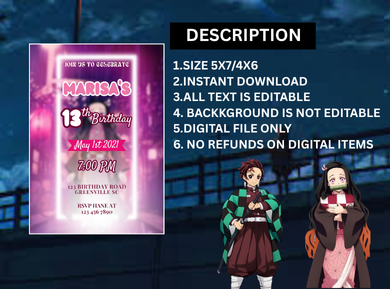 Nezuko-inspired Theme Kids Birthday Card Invitations - Custom Themed Party Digital Invite