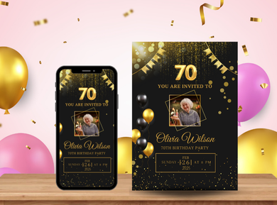 70th Birthday Party Card Invitation - 70th Birthday  Adult Party Digital Invite