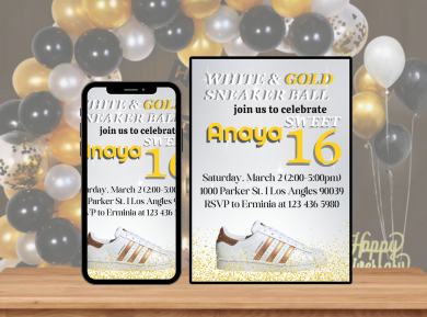 Custom Glam Sneaker Ball Party Digital Card Invitation - Gold Birthday Party Card Invite