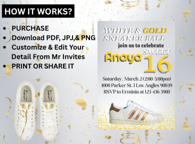 Custom Glam Sneaker Ball Party Digital Card Invitation - Gold Birthday Party Card Invite