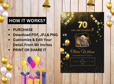 70th Birthday Party Card Invitation - 70th Birthday  Adult Party Digital Invite
