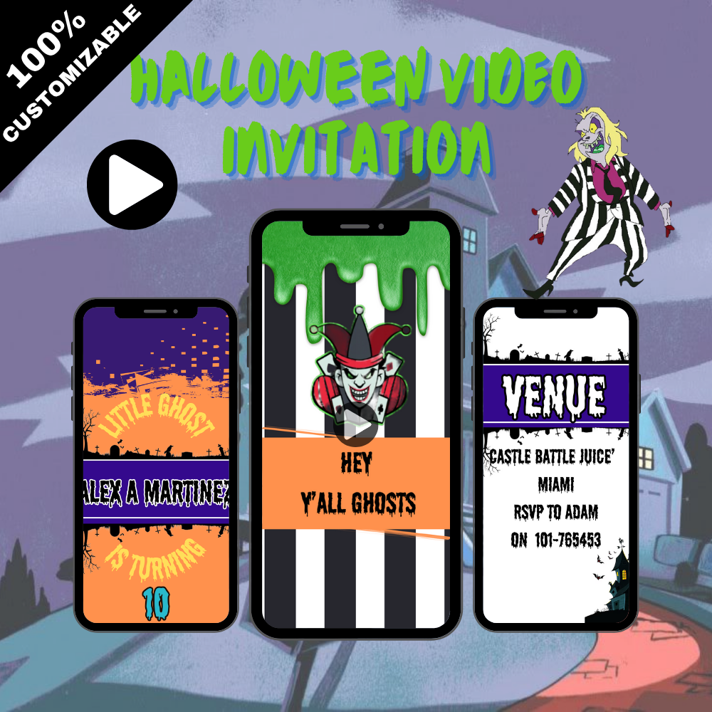 Halloween Beetlejuice Theme Digital Invitation – Spooky Halloween Party Video Invite