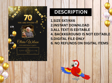 70th Birthday Party Card Invitation - 70th Birthday  Adult Party Digital Invite