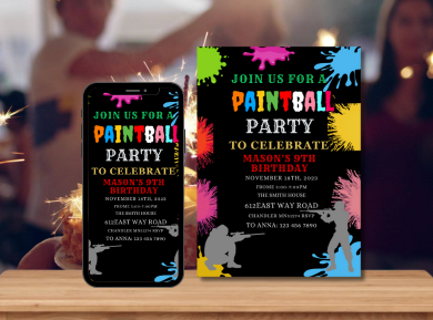 Paintball Birthday Theme Party Card Invitation - Personalized Paintball Theme Digital Invite