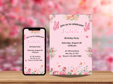 Pink Butterfly Theme Digital Birthday Card Invitation – Personalized Invite for Girls