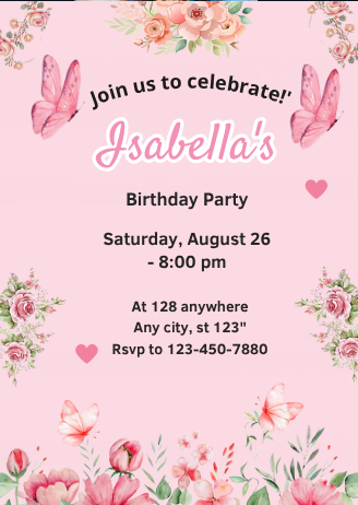 Pink Butterfly Theme Digital Birthday Card Invitation – Personalized Invite for Girls